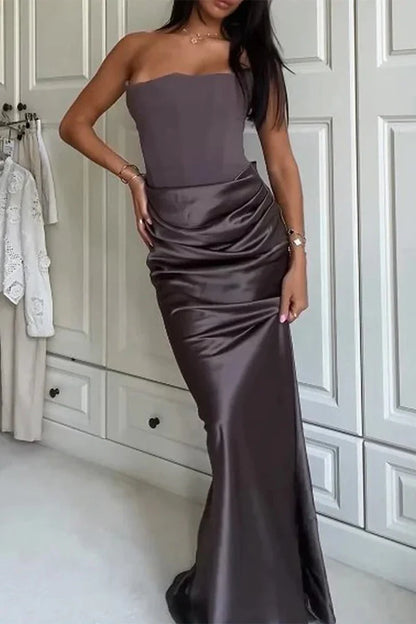 Beaira Elegant Sexy Prom Ruched Strapless Evening Dresses formal wear dresses - Brown