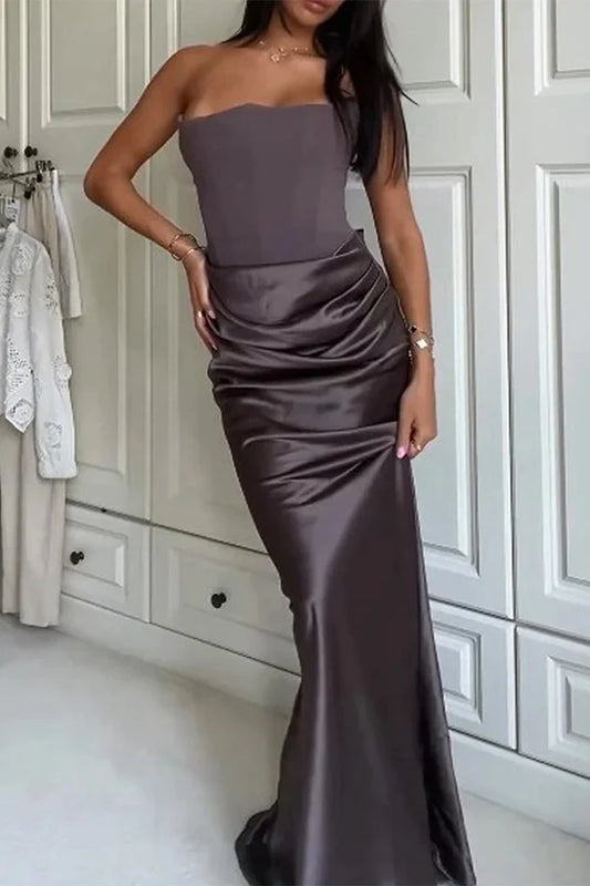Beaira Elegant Sexy Prom Ruched Strapless Evening Dresses formal wear dresses - Brown