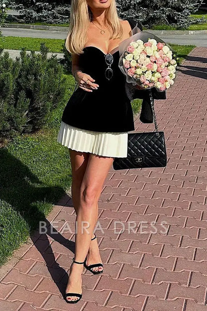 Beaira Elegant Sexy Solid Color Patchwork Ruched Strapless Evening Dresses formal wear dresses - Black