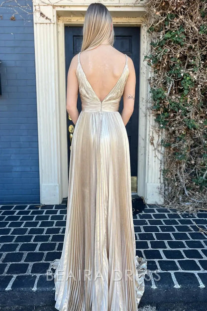 Beaira Elegant Sexy V-Neck Gold Pleated Sheath Long Formal Prom Dress formal wear dresses