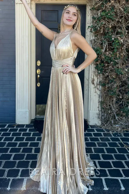 Beaira Elegant Sexy V-Neck Gold Pleated Sheath Long Formal Prom Dress formal wear dresses