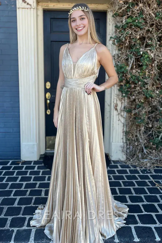 Beaira Elegant Sexy V-Neck Gold Pleated Sheath Long Formal Prom Dress formal wear dresses