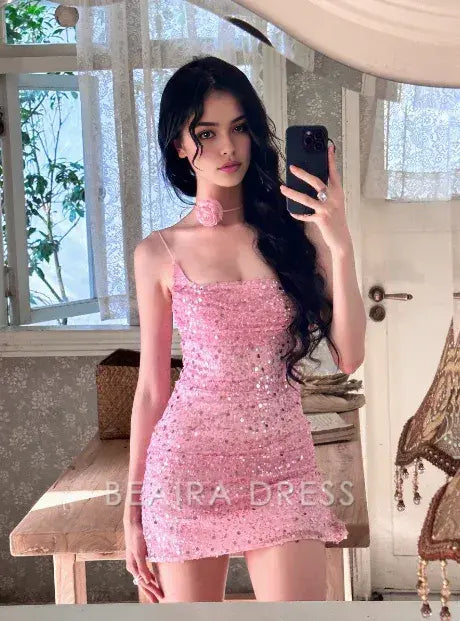 Beaira Elegant Shiny Pink Sequined Suspender Tube Top Hip 17th Birthday Homecoming Dress formal wear dresses