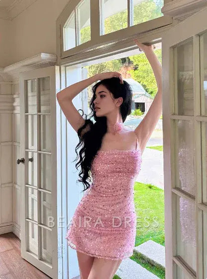Beaira Elegant Shiny Pink Sequined Suspender Tube Top Hip 17th Birthday Homecoming Dress formal wear dresses