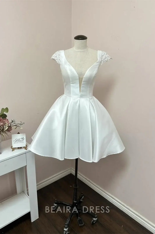 Beaira Elegant Short Ball Gown Wedding Dress with Plunging V - Neck Lace Cap Sleeves and Satin Skirt for Modern Bridal Charm