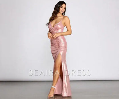 Beaira Elegant Sia Cross Back Metallic Dress formal wear dresses - PINK