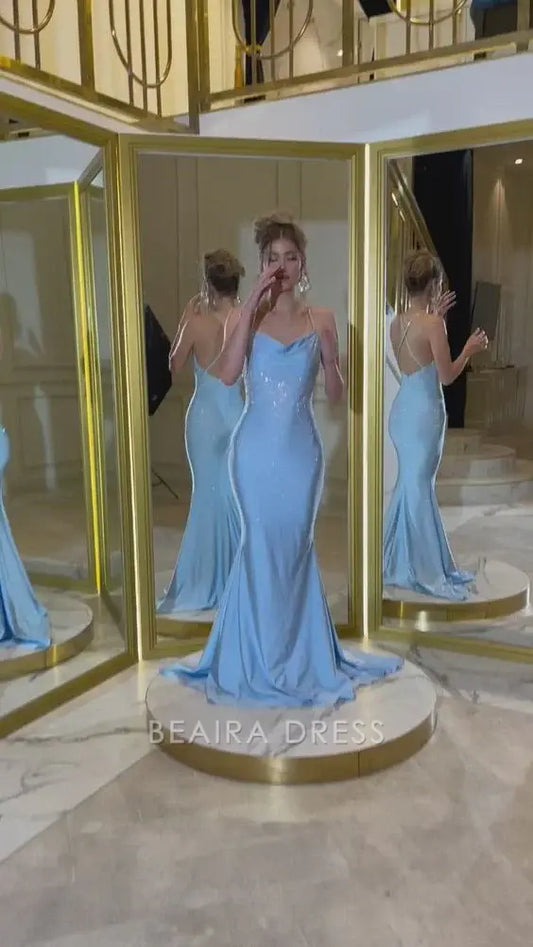 Beaira Elegant Sky Blue Cross Back Sequins Long Prom Dresses formal wear dresses