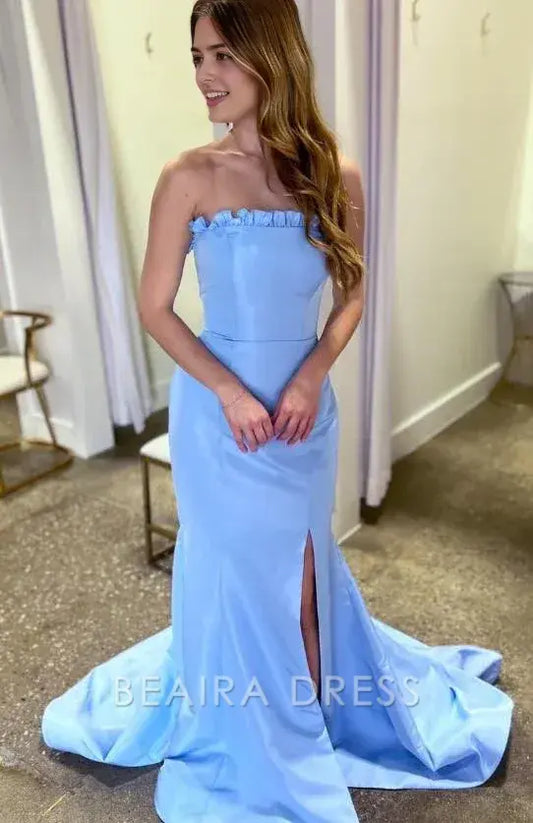 Beaira Elegant Sky Blue Mermaid Satin Long Evening Prom Dresses formal wear dresses