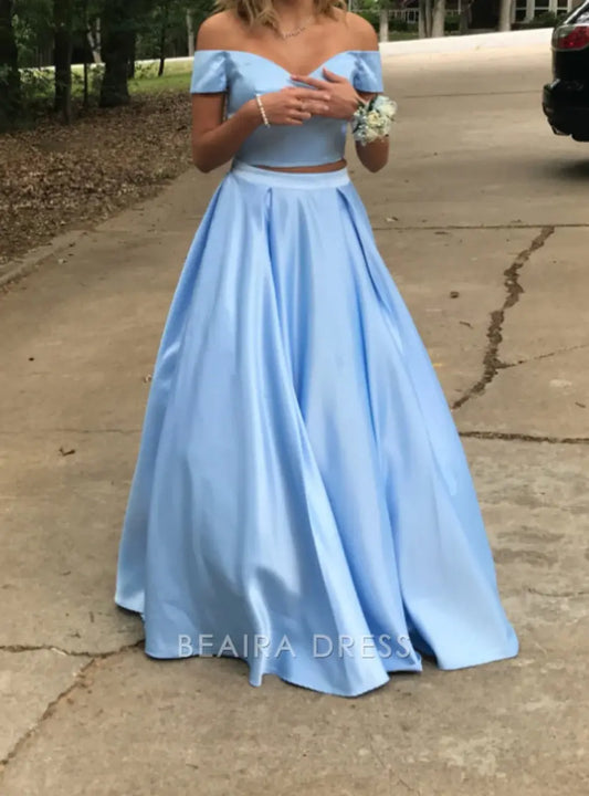 Beaira Elegant Sky Blue Two Piece Satin Off The Shoulder Long Prom Dresses formal wear dresses