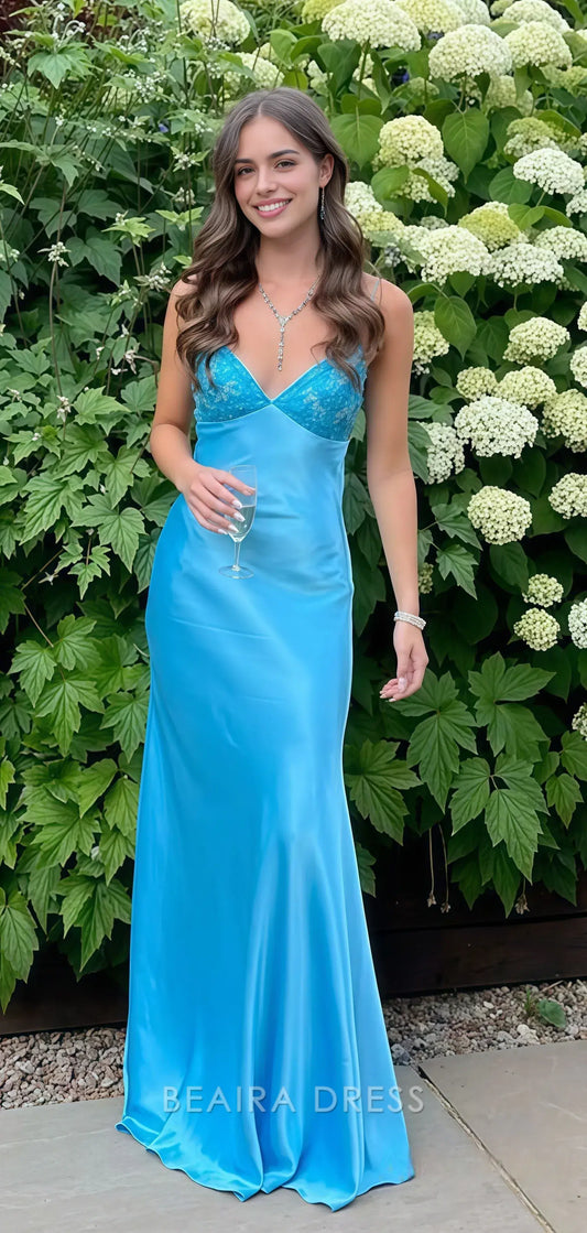 Beaira Elegant Sky Blue V-neck Party Dresses Sheath Floor Length Prom Dress formal wear dresses