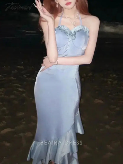 Beaira Elegant Soft Blue Halter Homecoming Dresses Bodycon Prom Dresses With Ruffle Skirt formal wear dresses