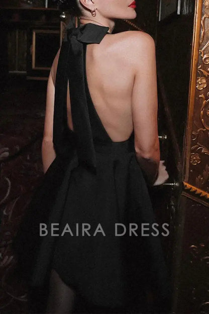 Beaira Elegant Solid Backless With Bow Halter Evening Dress Dresses formal wear dresses - Black