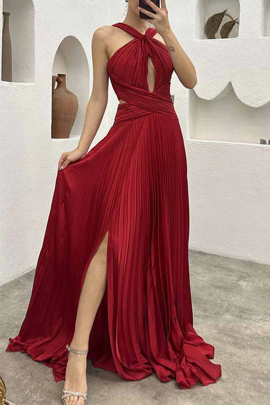 Beaira Elegant Solid Fold Halter Evening Dress Dresses formal wear dresses - Red