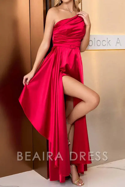 Beaira Elegant Solid Slit Oblique Collar Evening Dress Dresses formal wear dresses - Red
