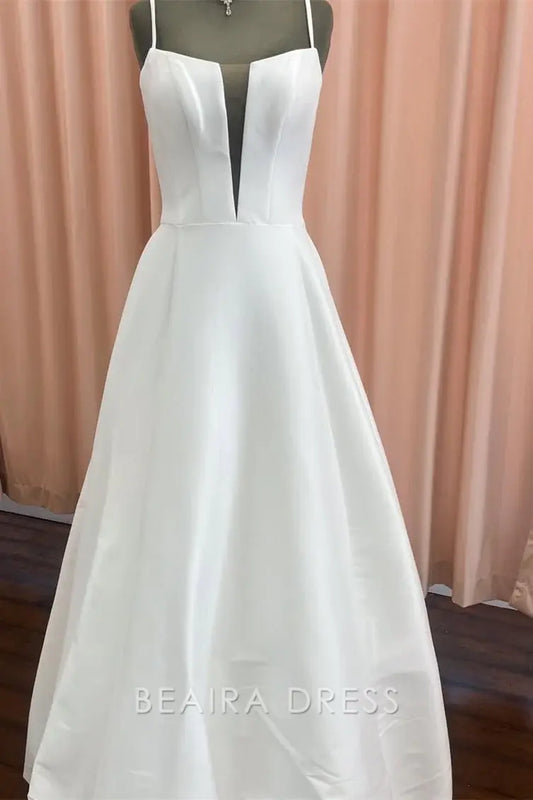 Beaira Elegant Spaghetti Strap Plunging V - Neck Ball Gown Wedding Dress with Satin Skirt for Timeless Bridal Elegance