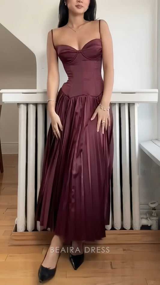 Beaira Elegant Spaghetti Straps A-line Maroon Party Dress formal wear dresses