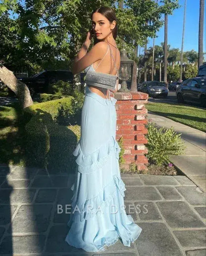 Beaira Elegant Spaghetti Straps Baby Blue Chiffon Sheath Long Prom Dress formal wear dresses