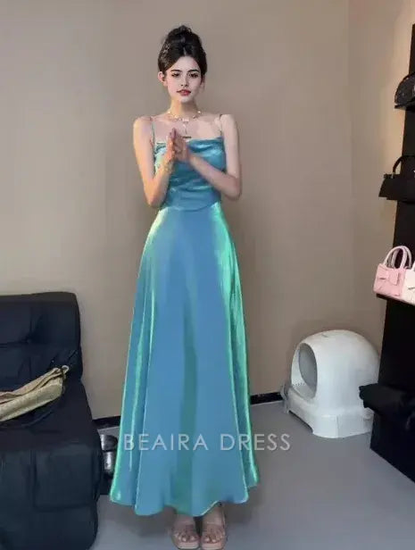 Beaira Elegant Spaghetti Straps Blue Sheath Long Prom Dresses Homecoming Dress formal wear dresses