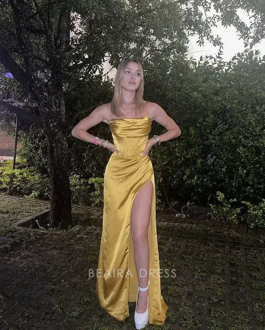 Beaira Elegant Spaghetti Straps Gold Satin Long Prom Dresses Sheath Party Gown formal wear dresses