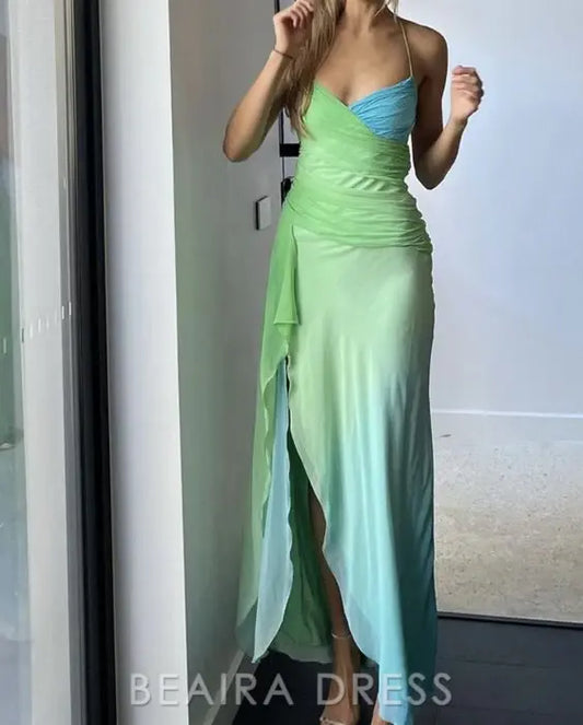 Beaira Elegant Spaghetti Straps Green Blue Chiffon Prom Dresses Long Homecoming Dresses formal wear dresses