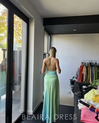 Beaira Elegant Spaghetti Straps Green Blue Chiffon Prom Dresses Long Homecoming Dresses formal wear dresses