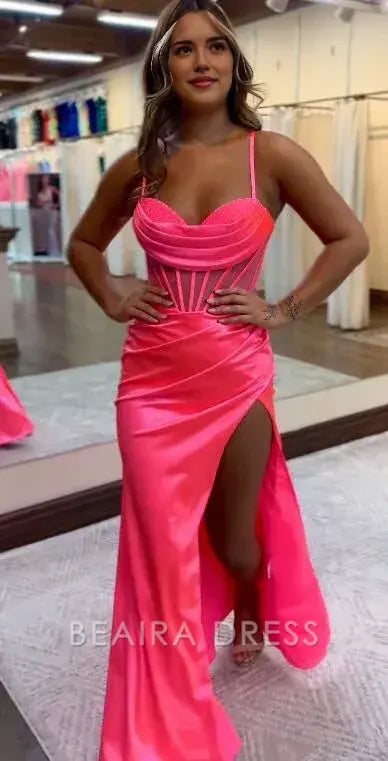 Beaira Elegant Spaghetti Straps Mermaid Long Prom Dress Satin Evening Gown formal wear dresses