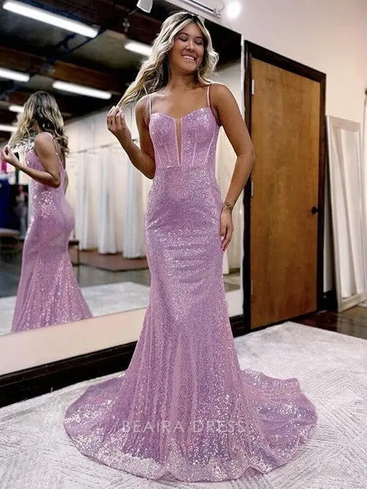 Beaira Elegant Spaghetti Straps Mermaid Sequins Long Evening Prom Dress formal wear dresses
