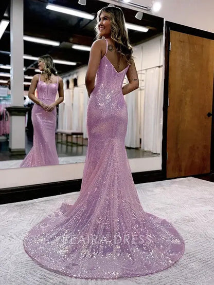 Beaira Elegant Spaghetti Straps Mermaid Sequins Long Evening Prom Dress formal wear dresses