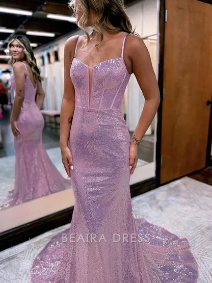 Beaira Elegant Spaghetti Straps Mermaid Sequins Long Evening Prom Dress formal wear dresses