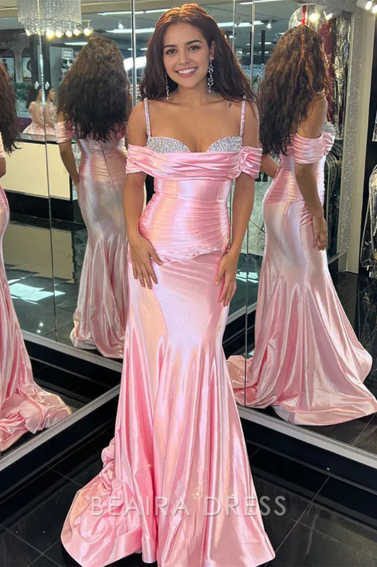 Beaira Elegant Spaghetti Straps Pink Bodycon Long Prom Dresses formal wear dresses