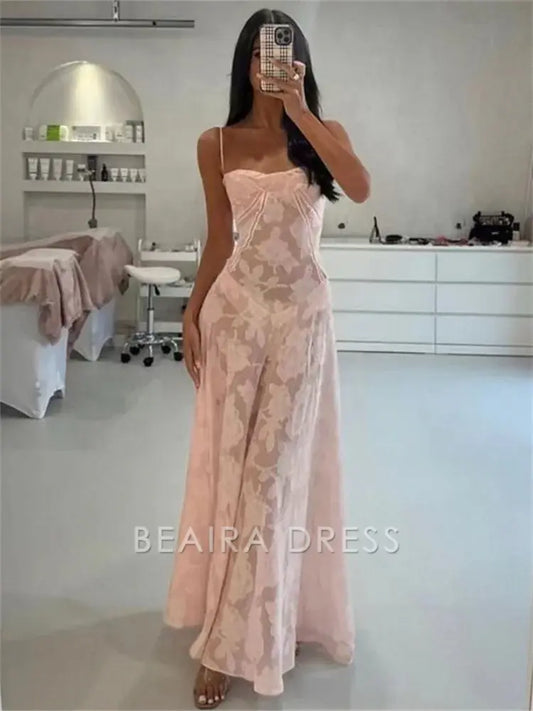 Beaira Elegant Spaghetti Straps Pink Lace Prom Dresses Long Birthday Dress formal wear dresses