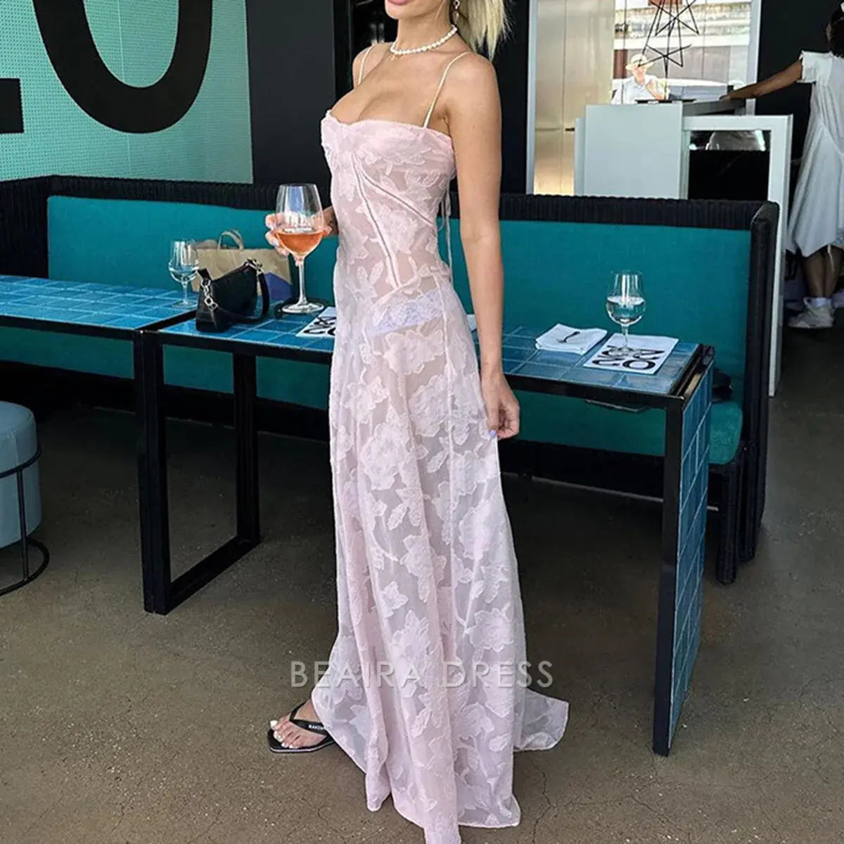 Beaira Elegant Spaghetti Straps Pink Lace Prom Dresses Long Birthday Dress formal wear dresses
