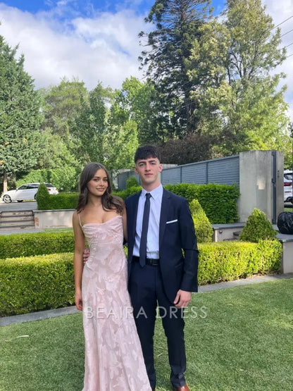 Beaira Elegant Spaghetti Straps Pink Lace Prom Dresses Long Birthday Dress formal wear dresses