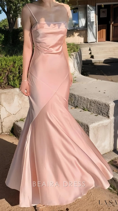 Beaira Elegant Spaghetti Straps Pink Long Prom Dress Sheath Evening Gown formal wear dresses