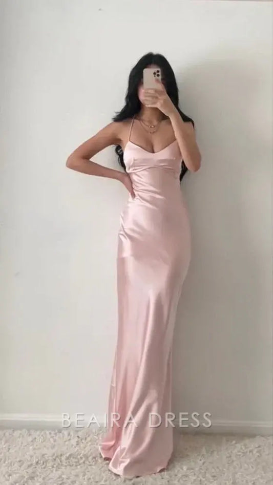 Beaira Elegant Spaghetti Straps Pink Prom Dress With Cross Back formal wear dresses