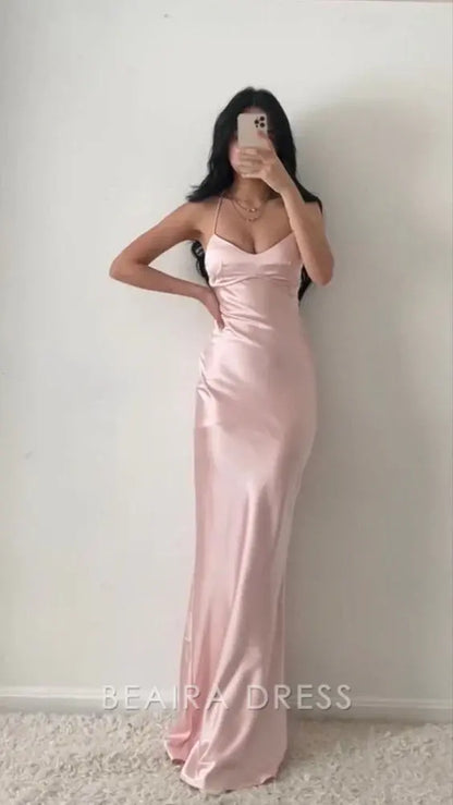 Beaira Elegant Spaghetti Straps Pink Prom Dress With Cross Back formal wear dresses