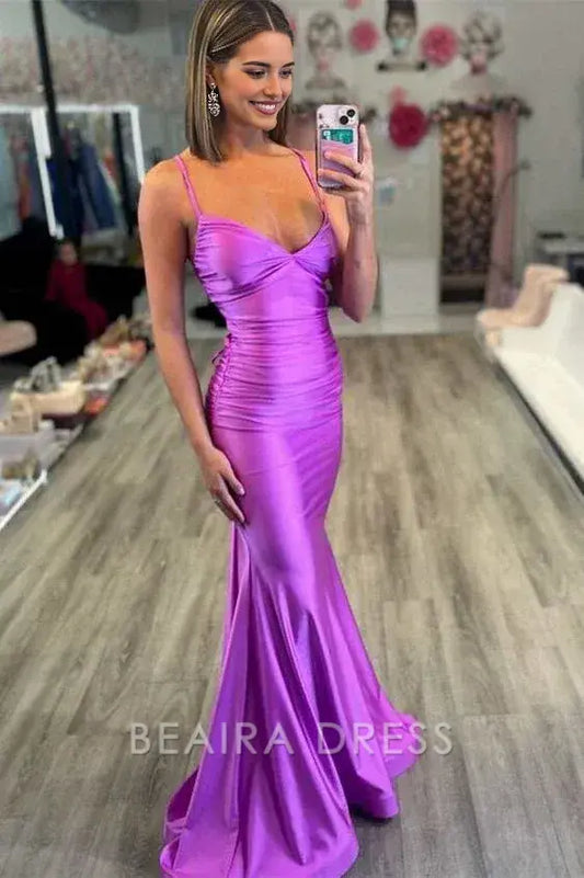 Beaira Elegant Spaghetti Straps Purple Mermaid Long Prom Dress formal wear dresses
