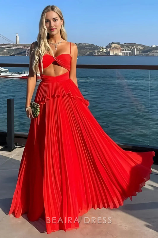Beaira Elegant Spaghetti Straps Red Pleated Chiffon Senior Prom Dress Party Gown formal wear dresses