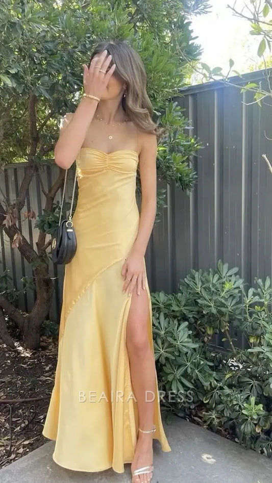Beaira Elegant Spaghetti Straps Yellow Sheath Beach Dress Party Dresses Long Prom Dress formal wear dresses