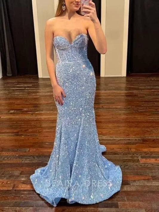 Beaira Elegant Sparkle Mermaid Baby Blue Sequined Long Prom Dress formal wear dresses