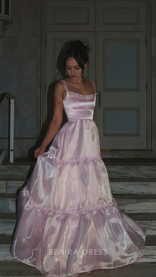 Beaira Elegant Sparkle Pink Organza A-Line Prom Dresses Floor Length Evening Party Dress formal wear dresses