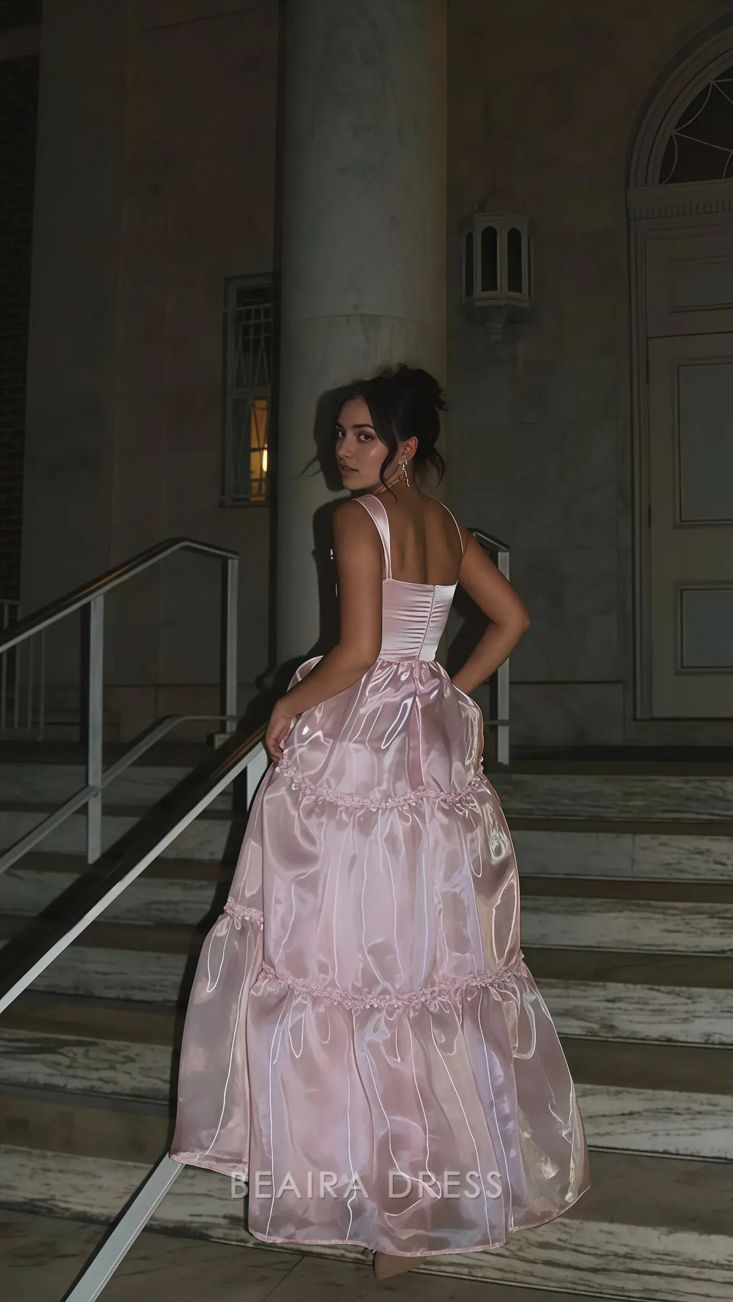 Beaira Elegant Sparkle Pink Organza A-Line Prom Dresses Floor Length Evening Party Dress formal wear dresses