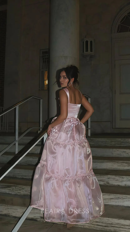 Beaira Elegant Sparkle Pink Organza A-Line Prom Dresses Floor Length Evening Party Dress formal wear dresses
