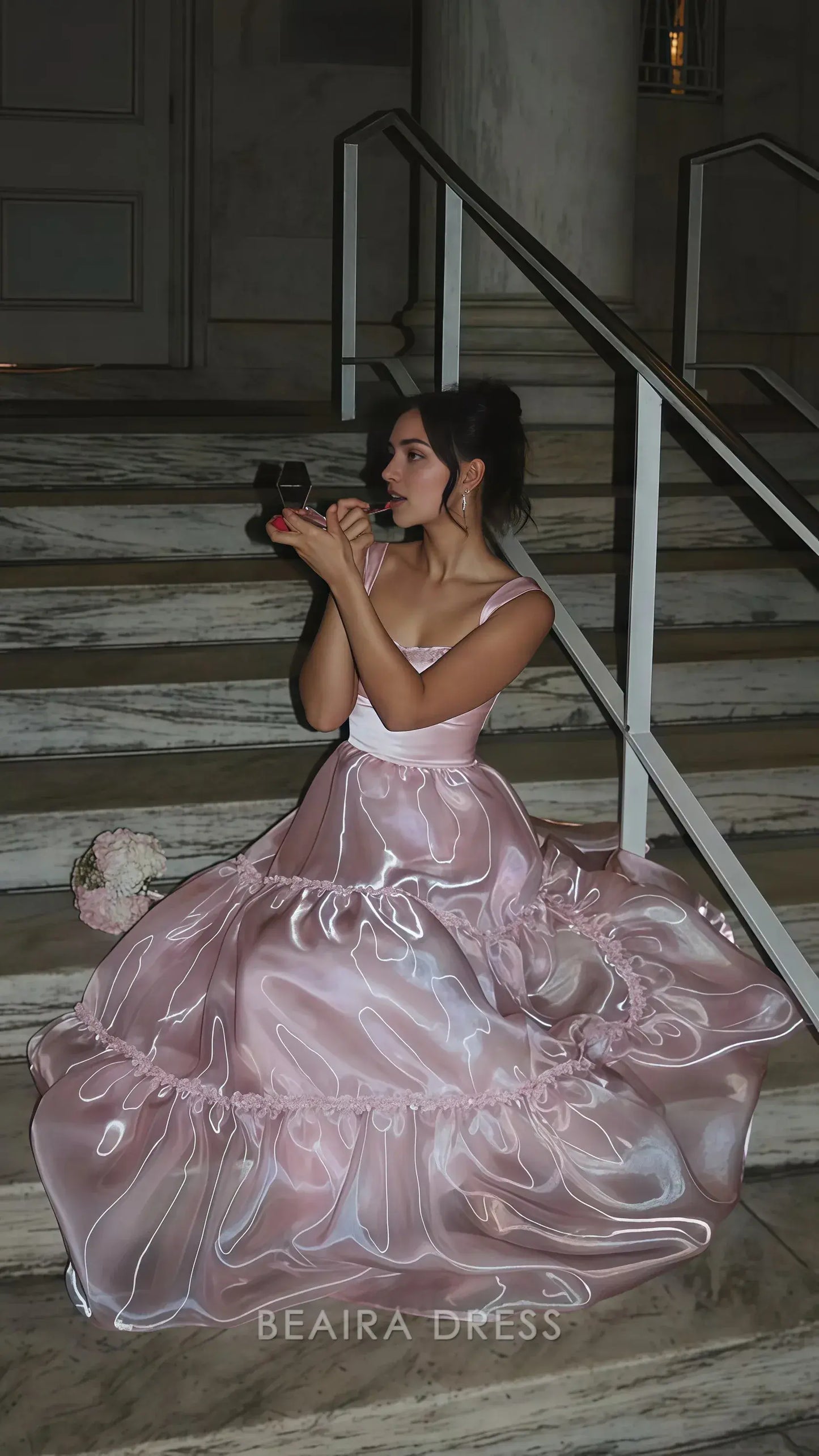 Beaira Elegant Sparkle Pink Organza A-Line Prom Dresses Floor Length Evening Party Dress formal wear dresses