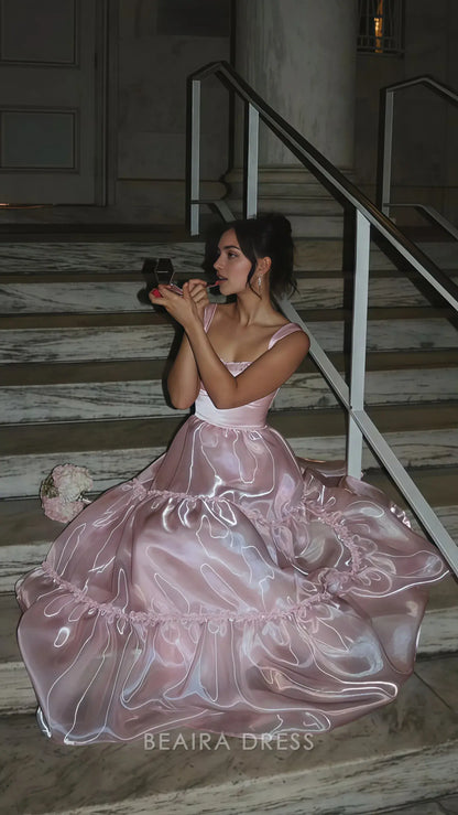 Beaira Elegant Sparkle Pink Organza A-Line Prom Dresses Floor Length Evening Party Dress formal wear dresses