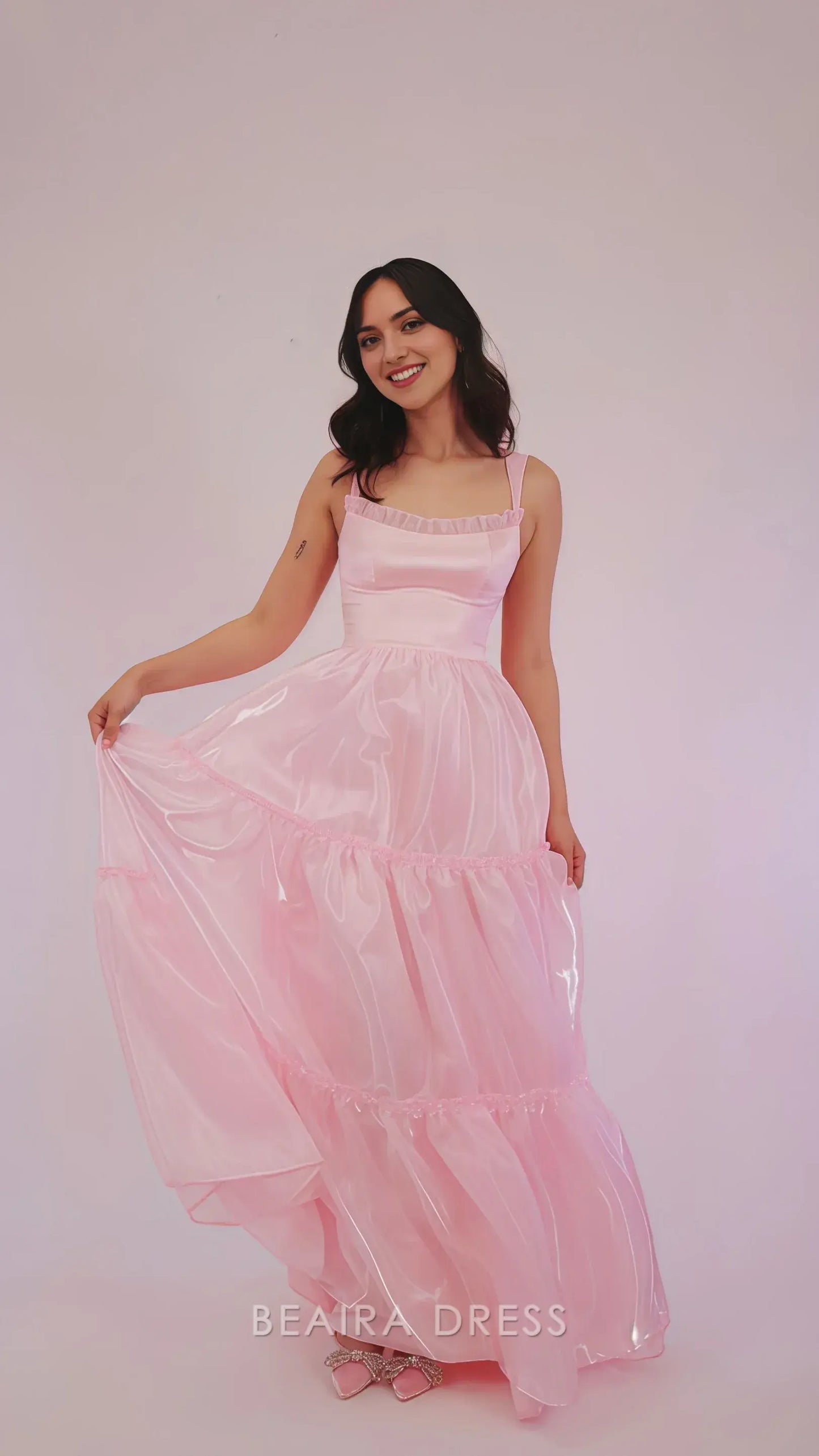 Beaira Elegant Sparkle Pink Organza A-Line Prom Dresses Floor Length Evening Party Dress formal wear dresses