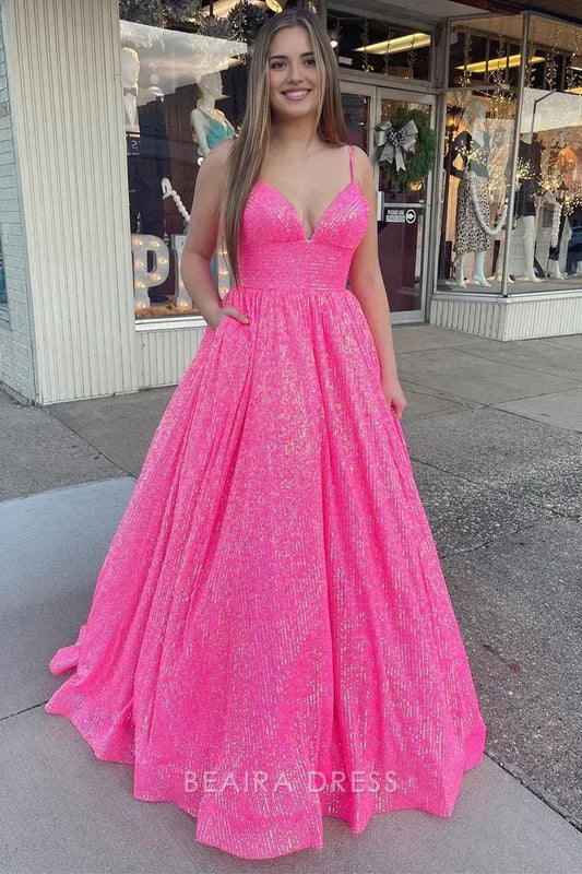 Beaira Elegant Sparkle Pink Sequins Prom Dresses Evening Ball Gown formal wear dresses