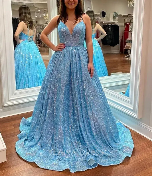 Beaira Elegant Sparkle V-Neck Evening Prom Dresses formal wear dresses