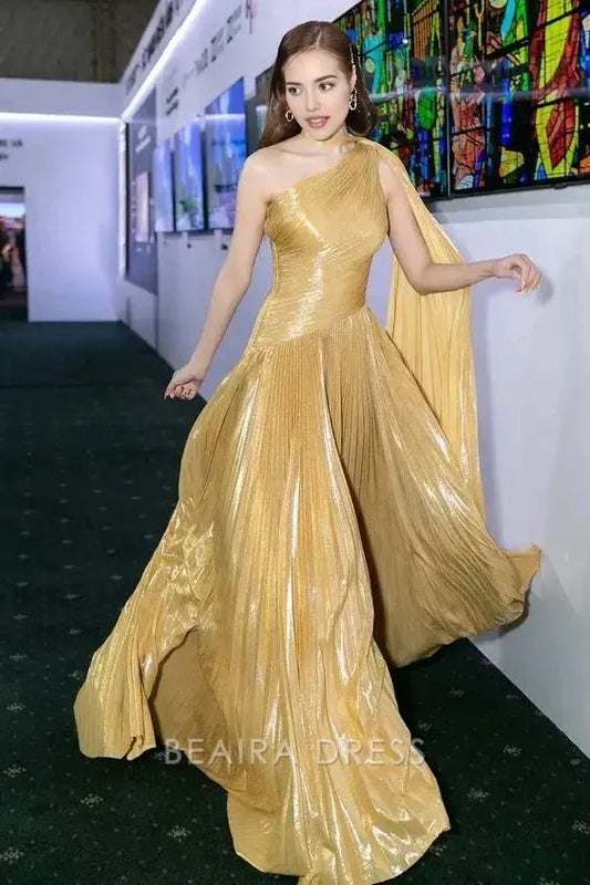 Beaira Elegant Sparkly Pleated Gold One Shoulder Prom Dresses formal wear dresses