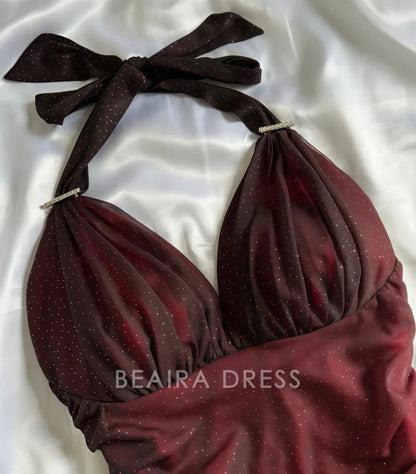 Beaira Elegant Special Gradient Color Burgundy Prom Dress Tie Halter Date/Birthday Party Dress formal wear dresses